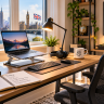 Productive home office setup with laptop, ergonomic chair, desk lamp and accessories