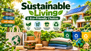 Sustainable Living: 17 Easy Eco-Friendly Habits for a Greener Future 1 Sustainable living with reusable products, green plants, and recycling