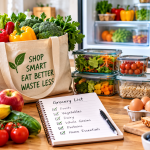 Grocery shopping tips to reduce food waste with fresh produce and reusable shopping bags.