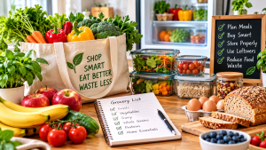 Grocery shopping tips to reduce food waste with fresh produce and reusable shopping bags.